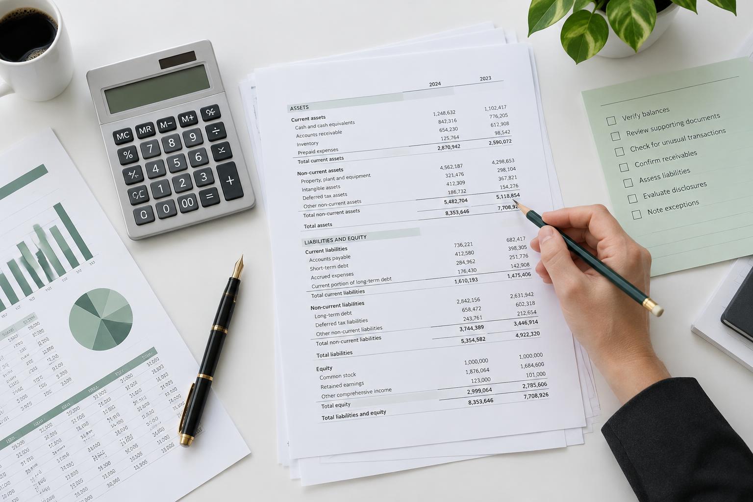 Illustrative financial statement review with a calculator and audit checklist