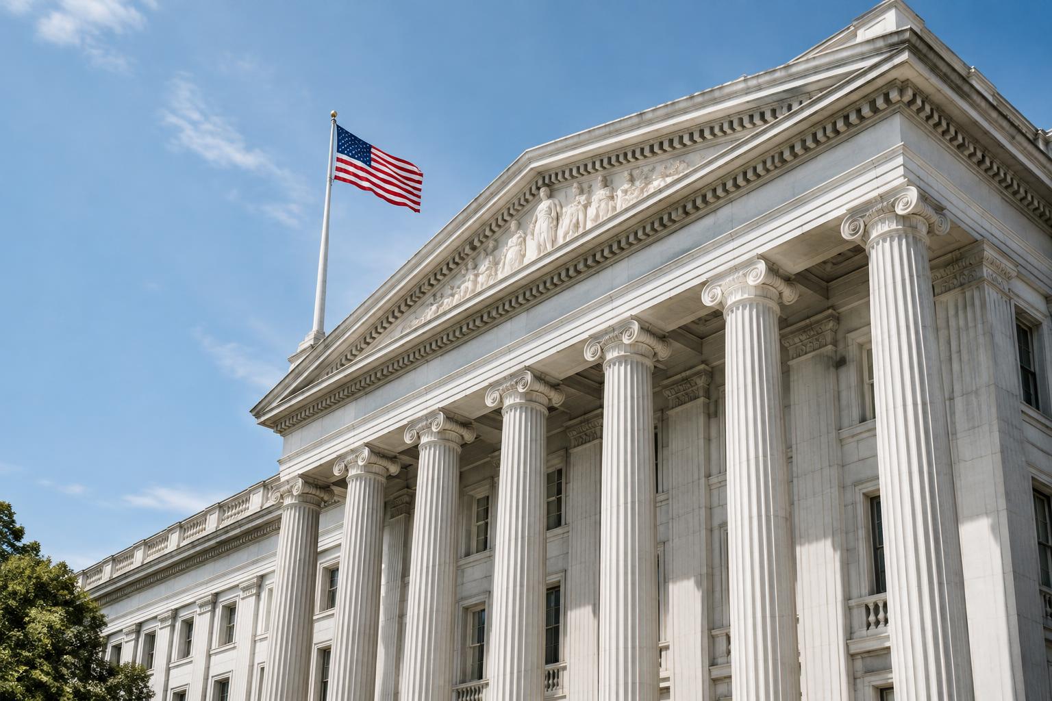 Government building with marble columns and an American flag